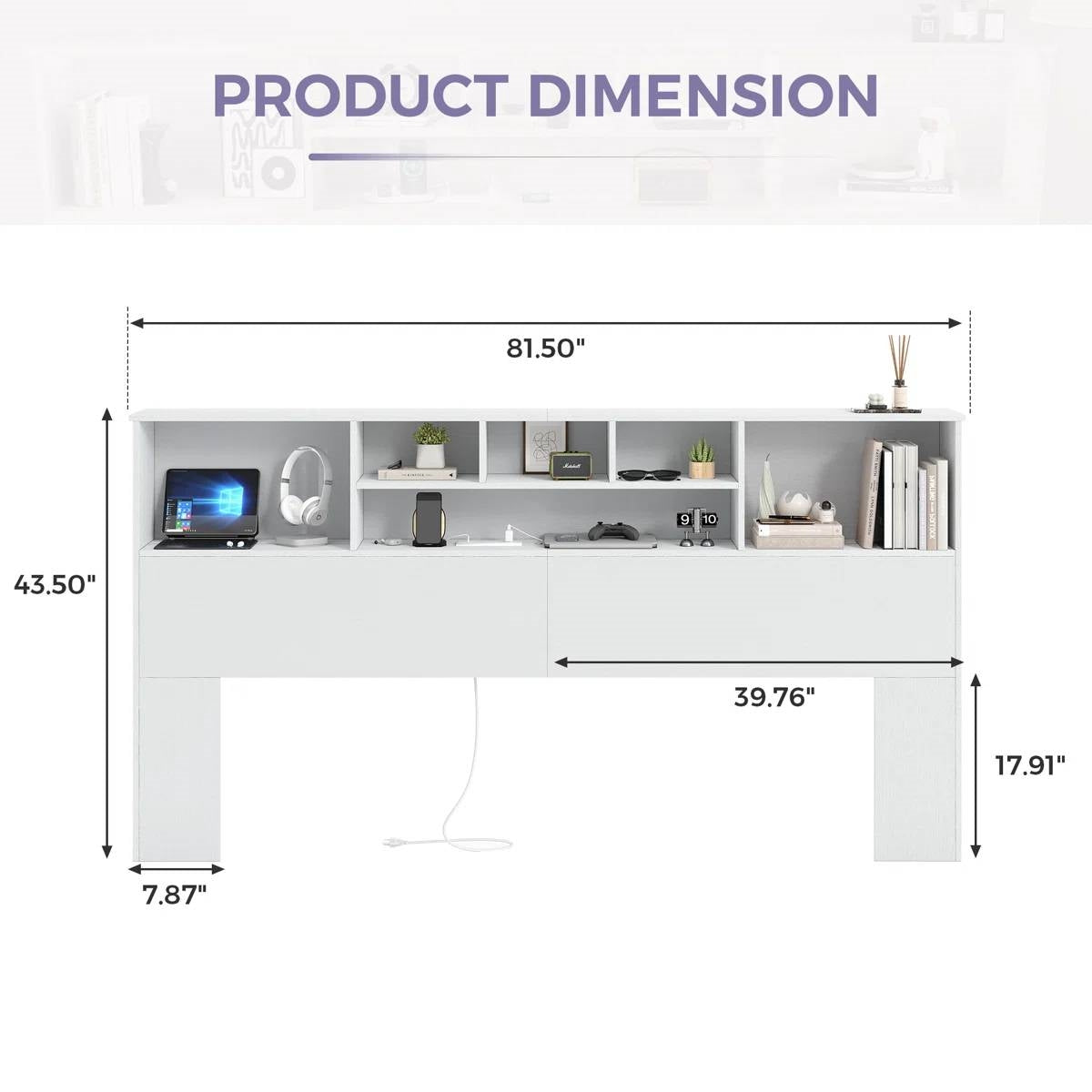 King-size bookcase headboard in white wood finish with built-in LED lights by FastFurnishings