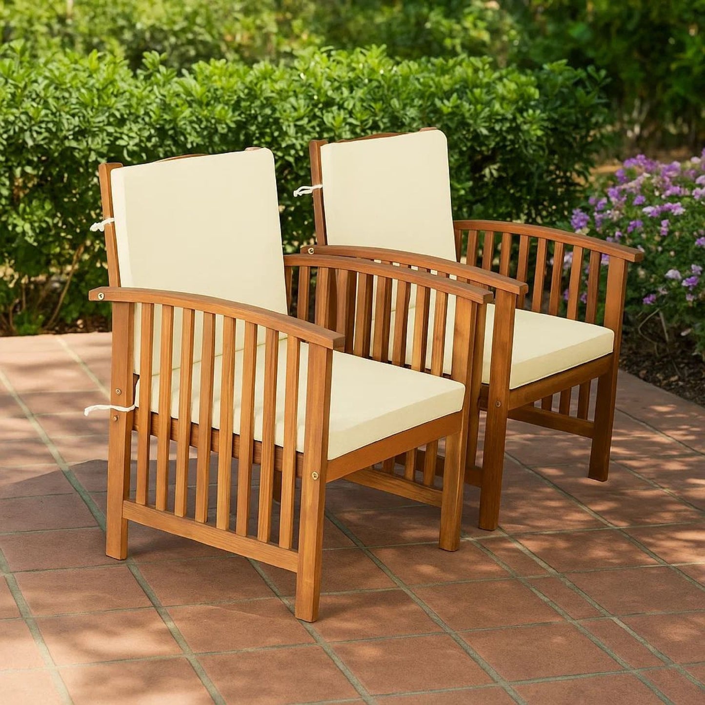 Kaila Outdoor Armchair Set of 2, Beige Cushions, Natural Brown Wood