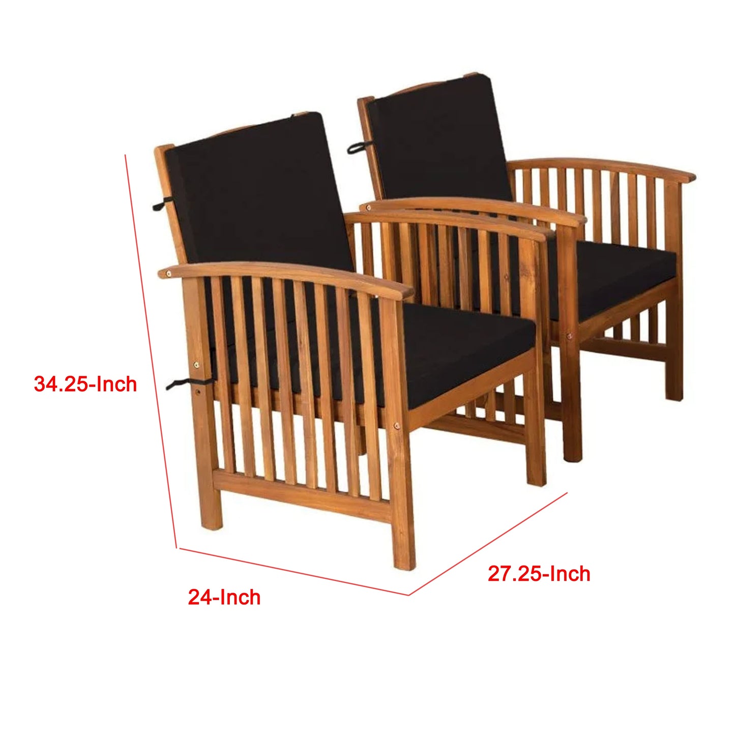 Kaila Outdoor Armchair Set of 2, Black Cushions, Natural Brown Wood