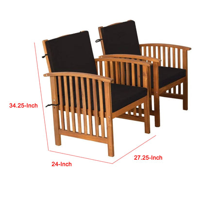 Kaila Outdoor Armchair Set of 2, Black Cushions, Natural Brown Wood