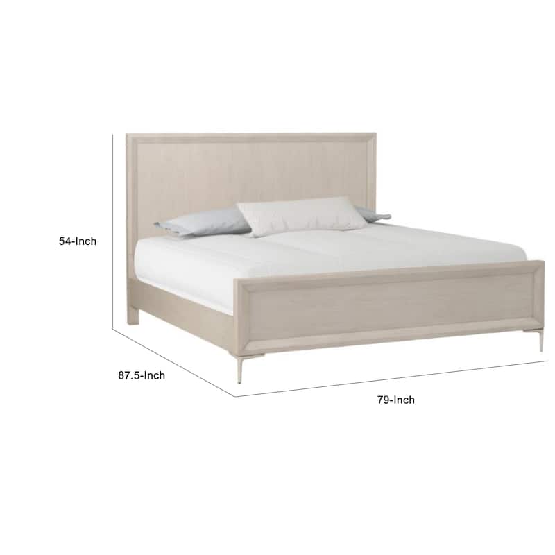 Kaira Queen Size Bed with Metal Accents, Natural Oak Solid Rubberwood