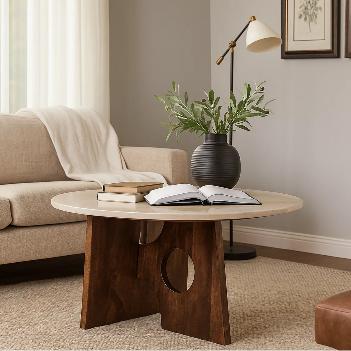 Kali Coffee Table | 27" Natural Round Marble Tabletop | Dark Brown Mango Wood Sculptural Base
