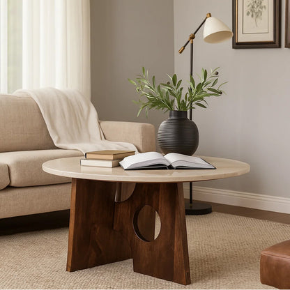 Kali Coffee Table | 27" Natural Round Marble Tabletop | Dark Brown Mango Wood Sculptural Base
