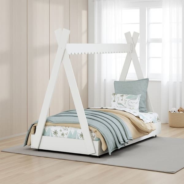 Kally Full Size Floor Bed, Tent Style Design, Matte White Wood