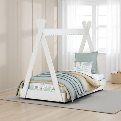 Kally Full Size Floor Bed, Tent Style Design, Matte White Wood