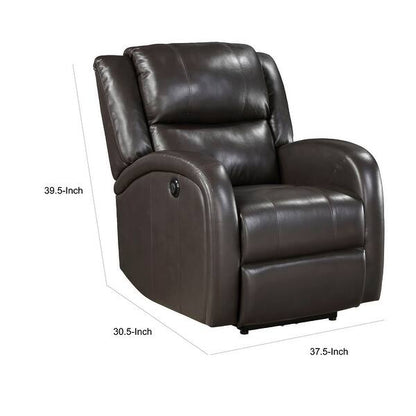 Karena 38 Inch Power Reclining Accent Chair, Brown Faux Leather, Solid Wood
