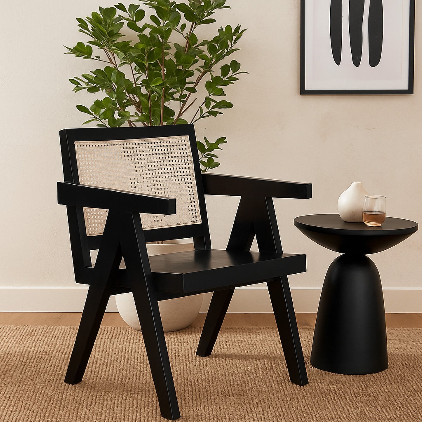 Kato Dining Armchair, Cane Backrest, 24 Inch, Black Solid Mango Wood