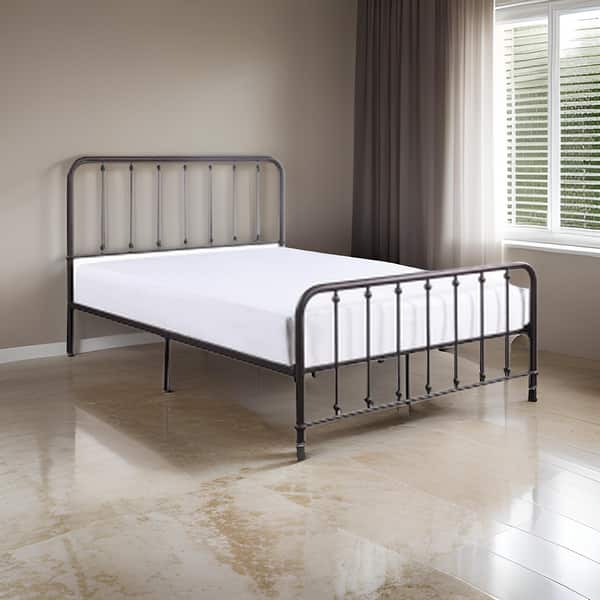 Ken Queen Bed, Vertical Slatted Headboard, Footboard, Dark Bronze Metal