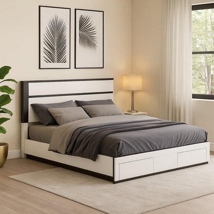 Kena King Size Bed, White Gray Panel Headboard, Footboard Storage Drawers