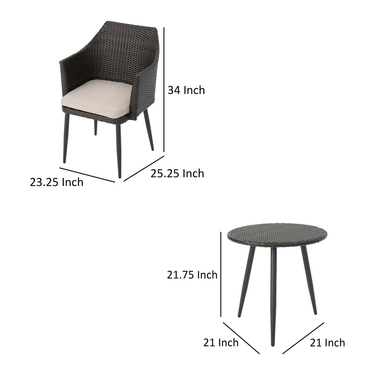 Kenny 3pc Outdoor Accent Chair Set, 1 Table, White, Brown Rattan, Iron