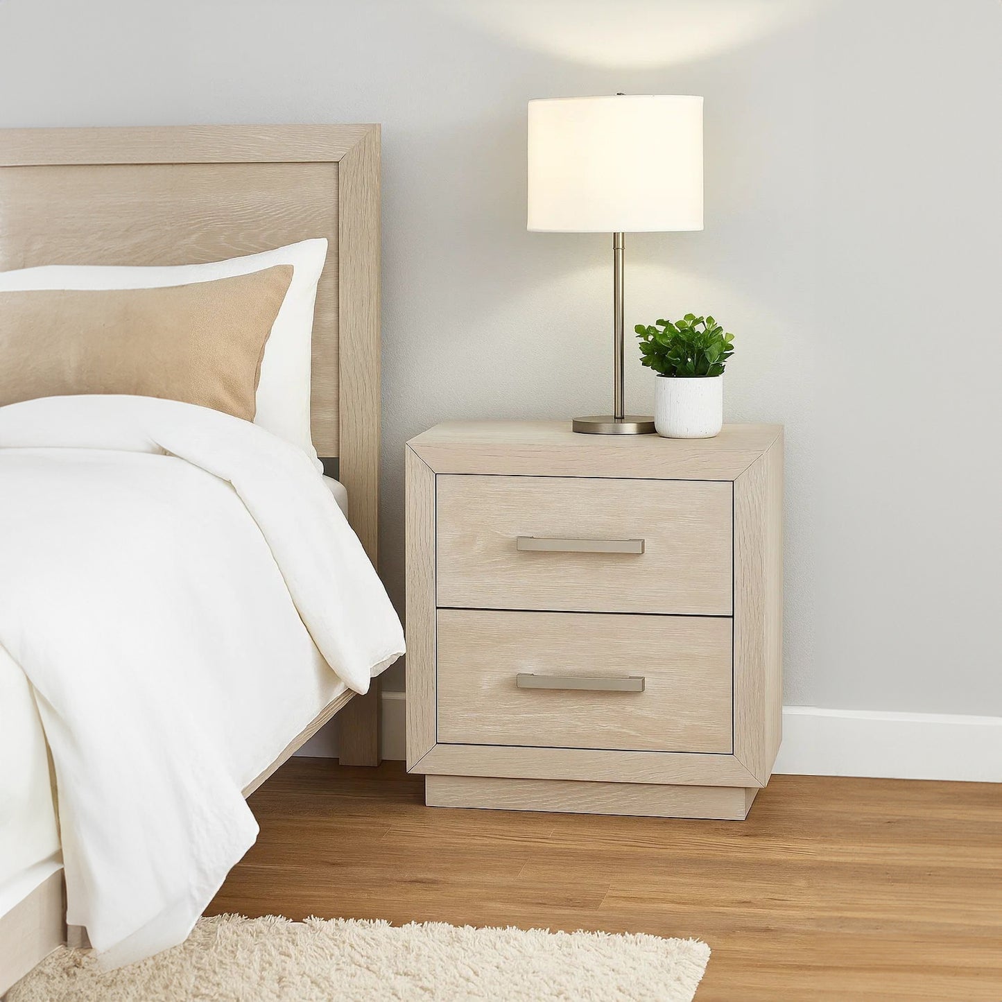 Kexa Nightstand, USB and LED, 2 Drawers Chrome Handles, Light Gray