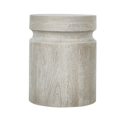 Kiv 24 Inch Side End Table, Round Mango Wood Top, Carved Accent Base, Cream
