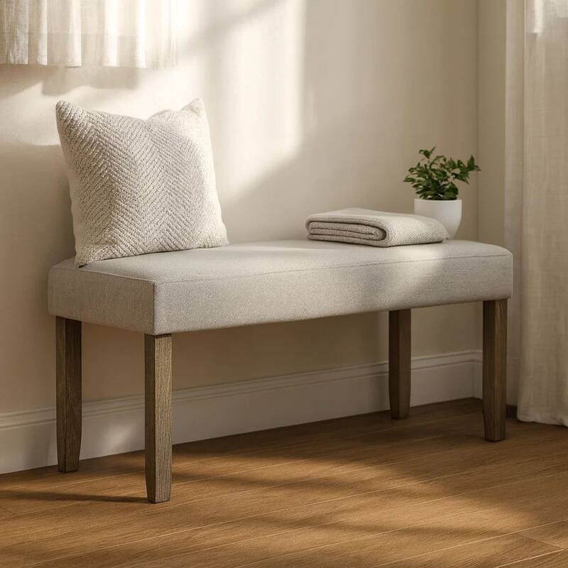 Koji Dining Bench, Gray Fabric Padded Seat, Brown Wood Frame, 42 Inch