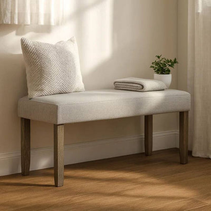 Koji Dining Bench, Gray Fabric Padded Seat, Brown Wood Frame, 42 Inch