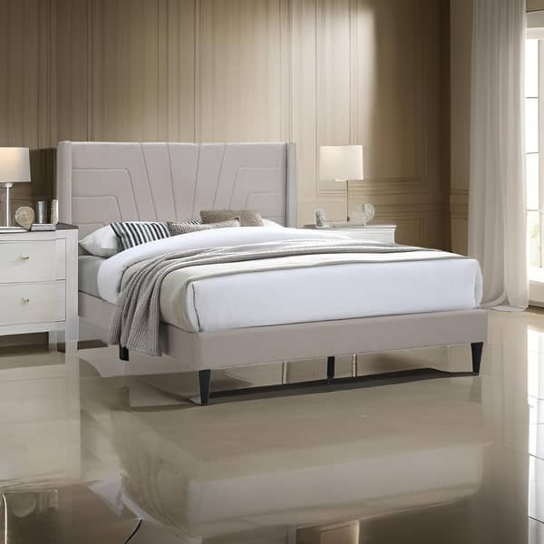 Kopa Queen Size Bed with Tufted Headboard, Brown Burlap Upholstery, Wood