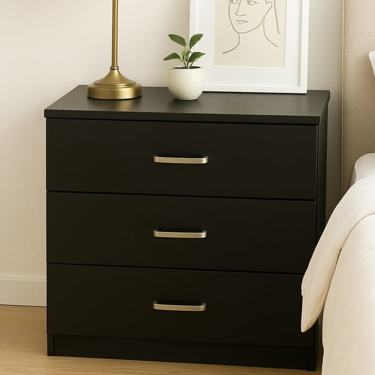 Bedside Nightstand w 3 Drawers, Modern Gold Metal Handles, White Frame