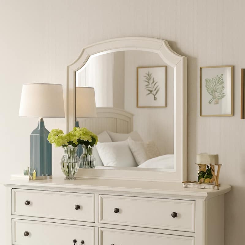 Kyna Dresser Mirror, Beveled Glass, Classic Antique White Solid Wood, 40x42