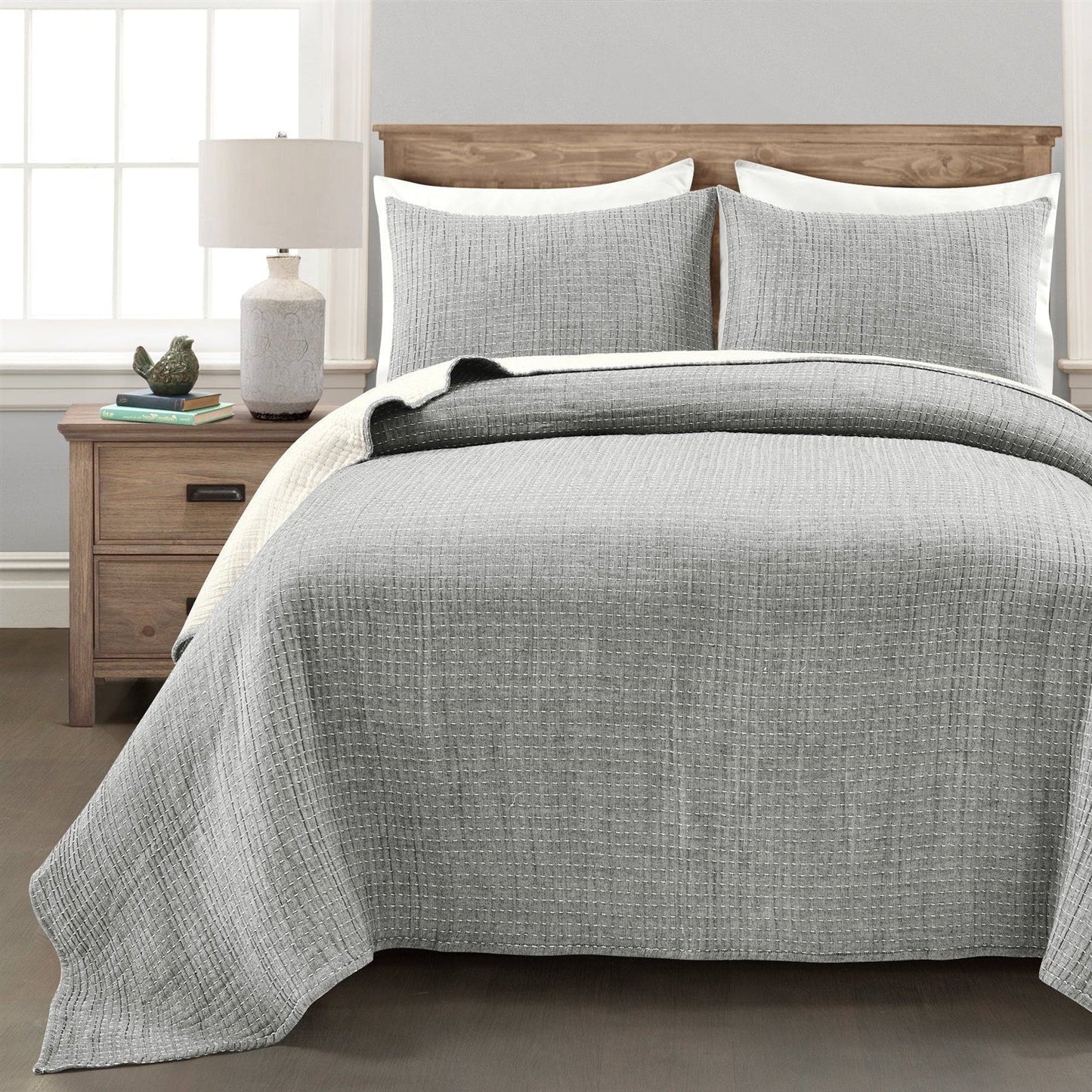 Full/Queen Size 3-Piece Reversible Cotton Yarn Woven Quilt Set in Grey Cream — Chic Home-Decor