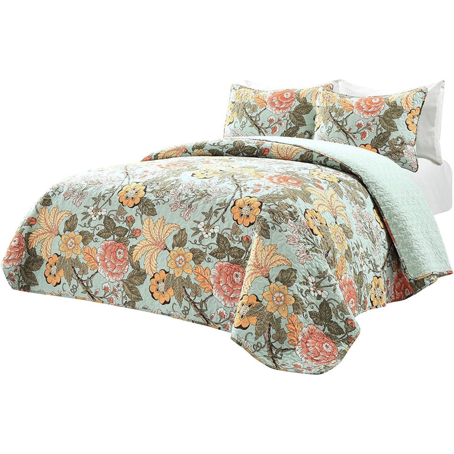 3 Piece FarmHouse Teal Floral Cotton Reversible Quilt Set, King — Chic Home-Decor