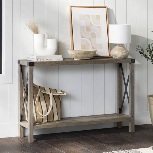 Industrial Farmhouse Entryway Table / Console Table in Taupe Grey Wood Finish — Chic Home-Decor