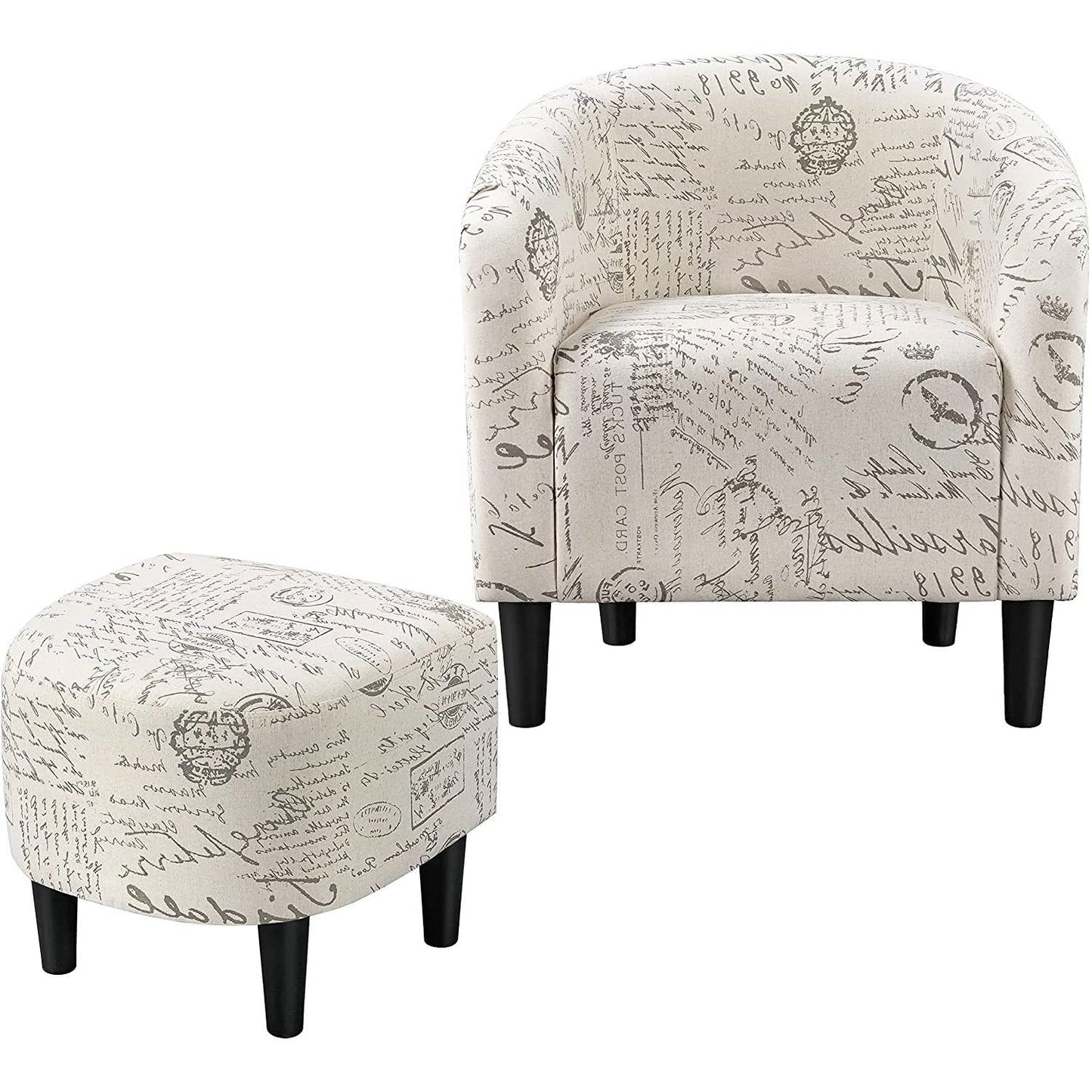 Letter Print French Upholstered Barrel Chair and Ottoman Set — Chic Home-Decor