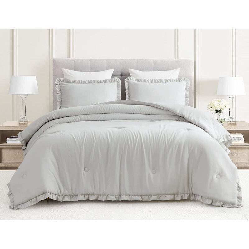 King Oversized Grey Ruffled Edge Microfiber Comforter Set — Chic Home-Decor