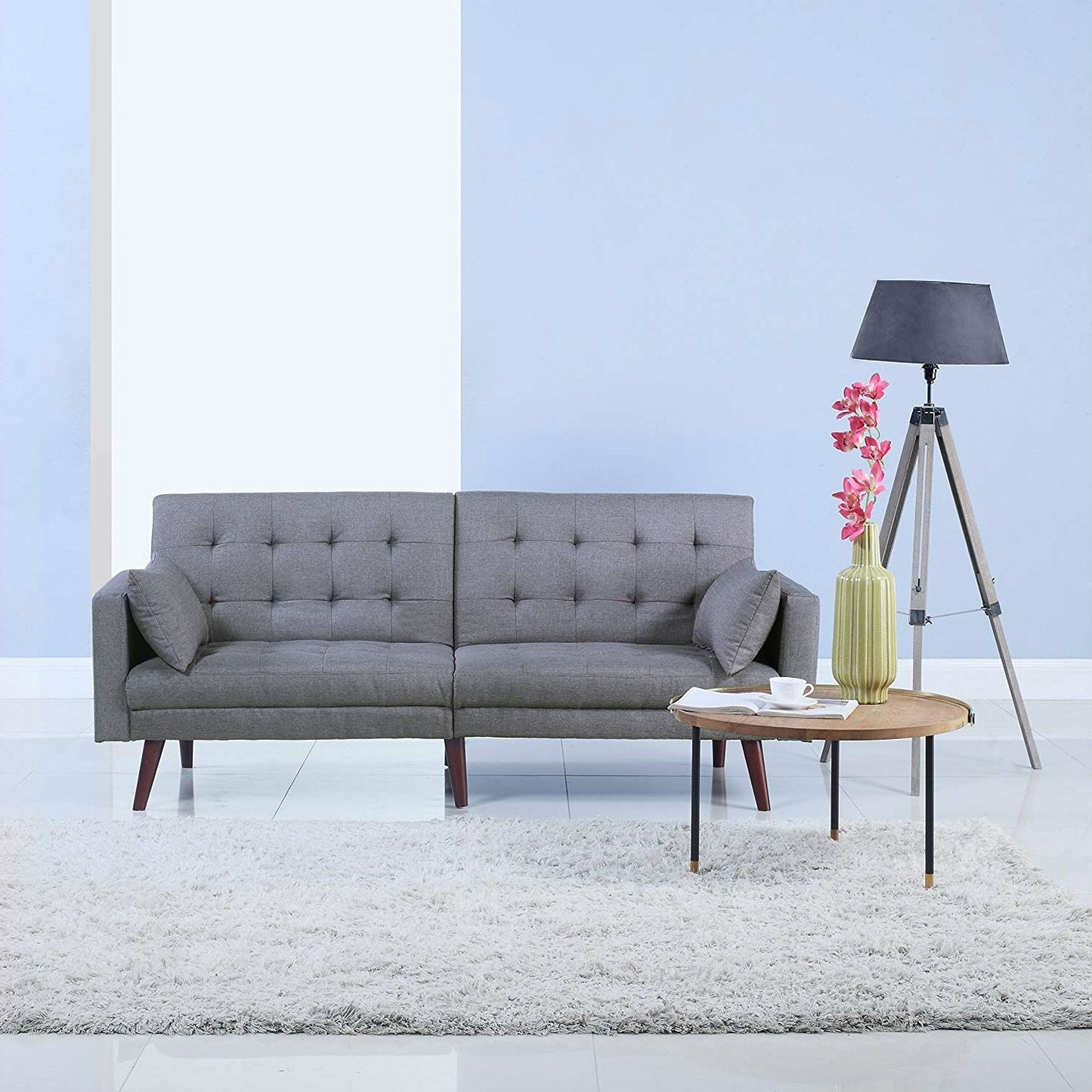 Modern Mid-Century Light Grey Linen Split-Back Sofa Bed