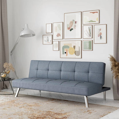 Modern Futon Sofa Bed in Light Gray Fabric with Chrome Metal Legs