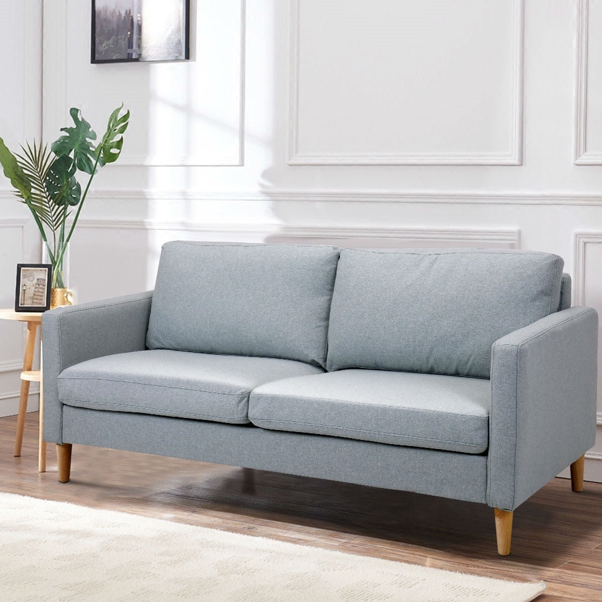 Light Grey Fabric Modern Mid-Century Style Sofa with Wood Legs