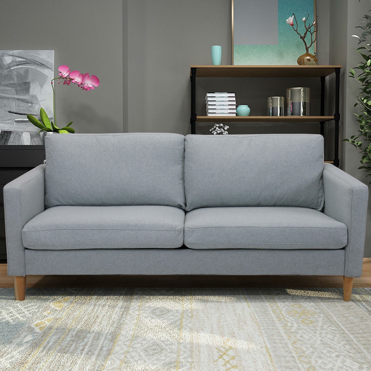 Light Grey Fabric Modern Mid-Century Style Sofa with Wood Legs