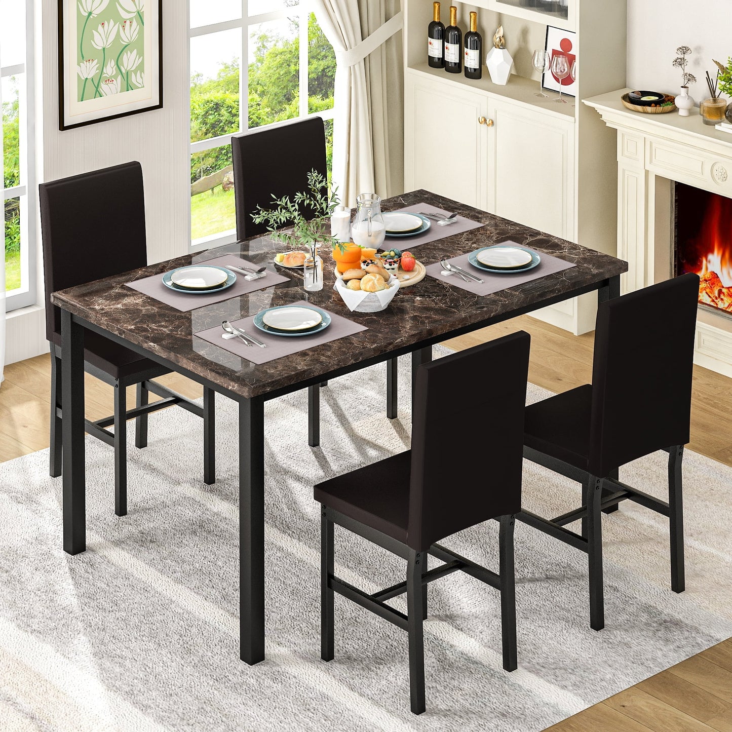 Helly 5pc Counter Height Table and 4 Stool Set, Gray Faux Marble Top