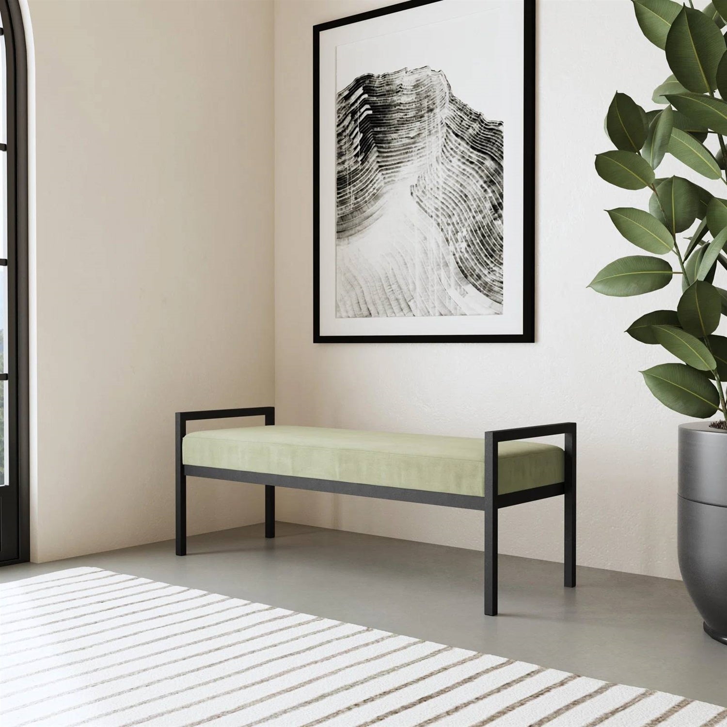 Modern Industrial Bed Bench with Black Metal Frame and Sage Green Velvet Cushion — Chic Home-Decor