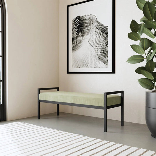 Modern Industrial Bed Bench with Black Metal Frame and Sage Green Velvet Cushion — Chic Home-Decor