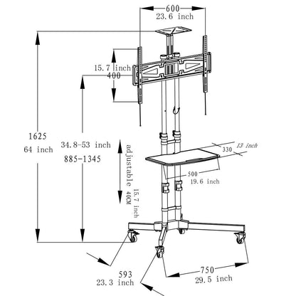 Adjustable Height Mobile TV Cart TV Stand for up to 65-inch TV