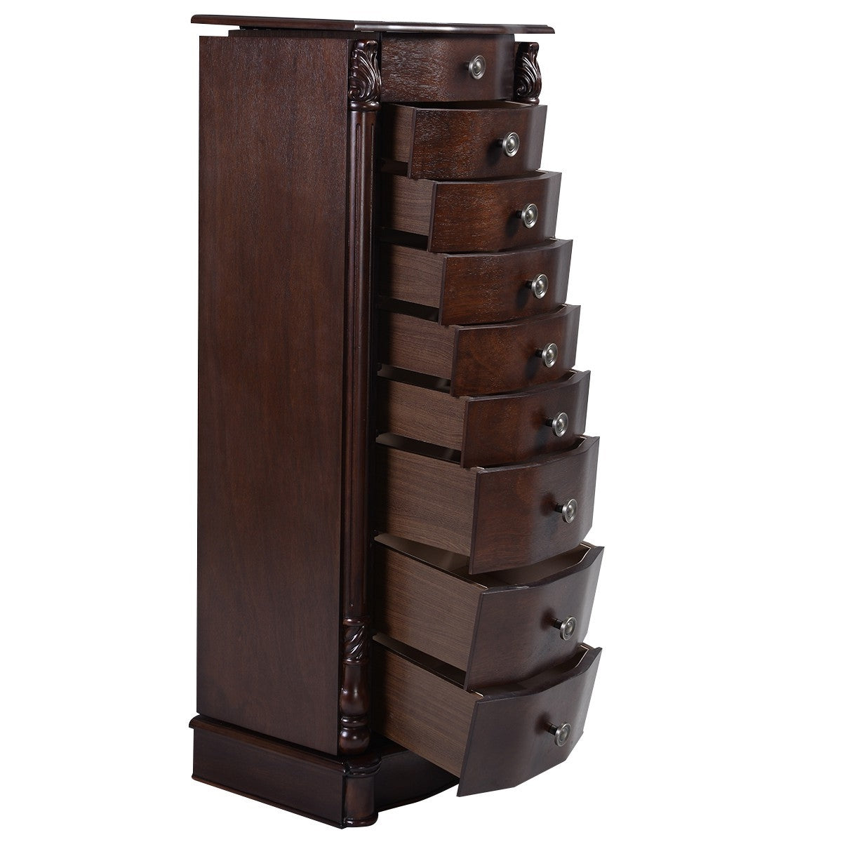 Dark Brown Wood Jewelry Armoire Storage Chest with Mirror