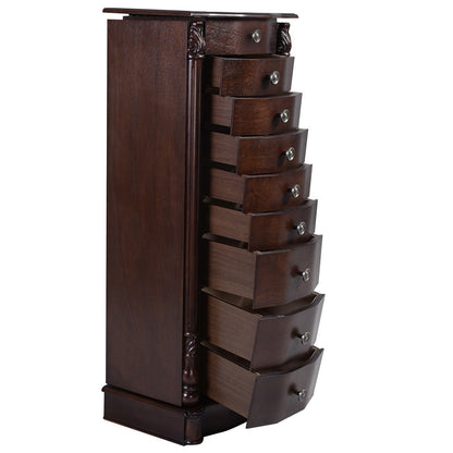 Dark Brown Wood Jewelry Armoire Storage Chest with Mirror