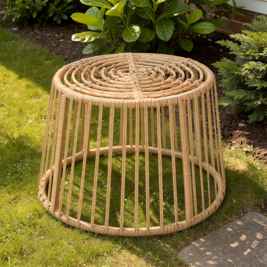 Laine Outdoor Side End Table, 20 Inch Round Top, Brown Rope Woven Base