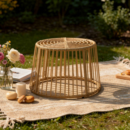 Laine Outdoor Side End Table, 20 Inch Round Top, Brown Rope Woven Base