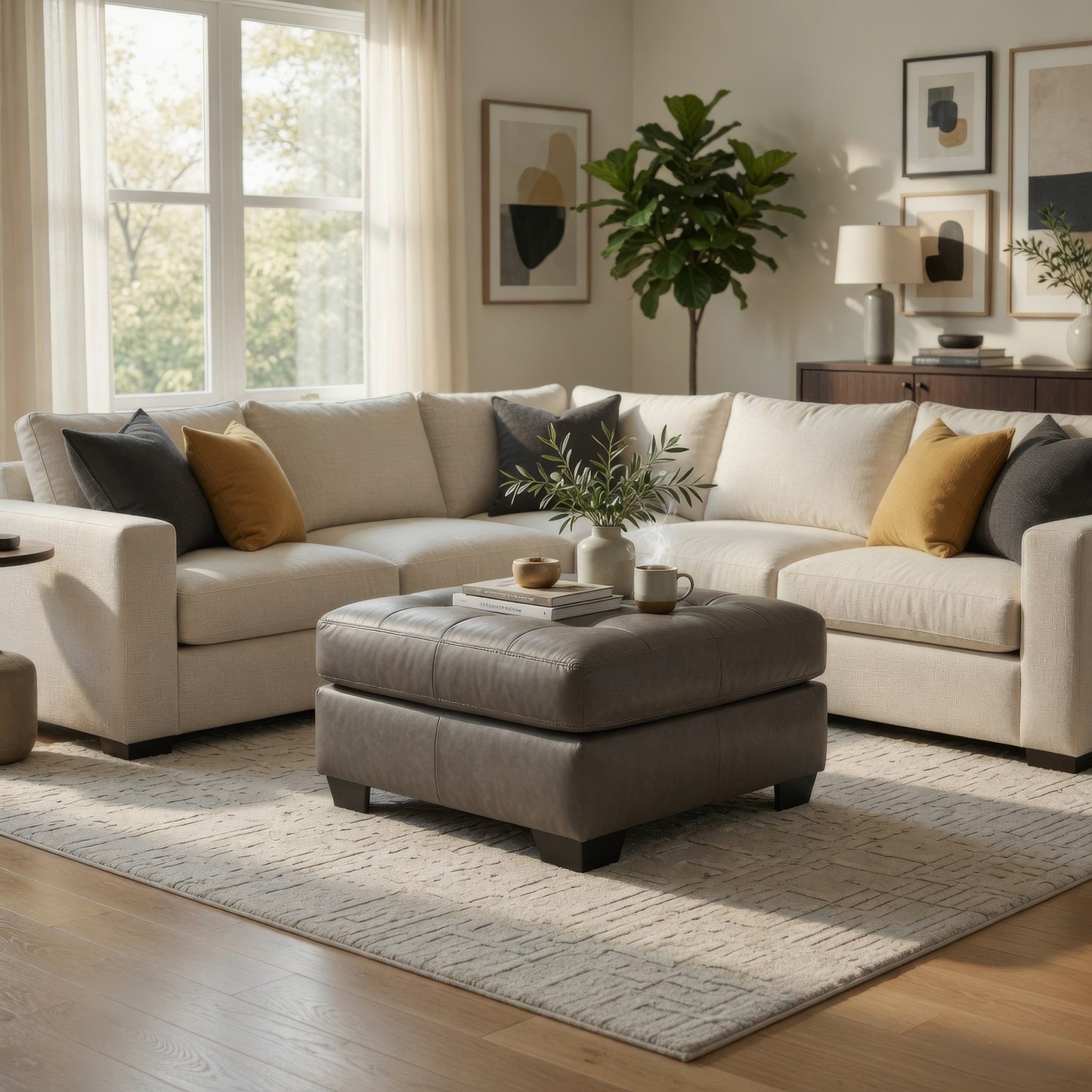 Lairi Accent Ottoman, 36 Inch Square, Button Tufted Gray Faux Leather