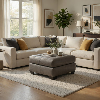 Lairi Accent Ottoman, 36 Inch Square, Button Tufted Gray Faux Leather