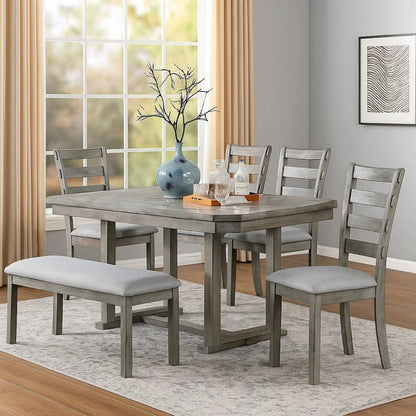 Lais 6pc Dining Table Set with Bench, 4 Ladderback Chairs, Rustic Gray