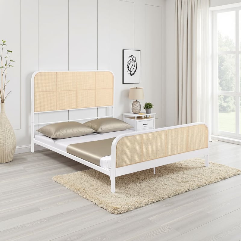 Lanie Queen Bed with Brown Open Cane Webbing Faux Rattan, White Metal
