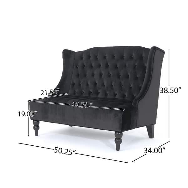 Lanny Loveseat Settee, Wingback Bench 50 Inch Wood, Tufted Black Velvet