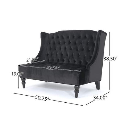 Lanny Loveseat Settee, Wingback Bench 50 Inch Wood, Tufted Black Velvet