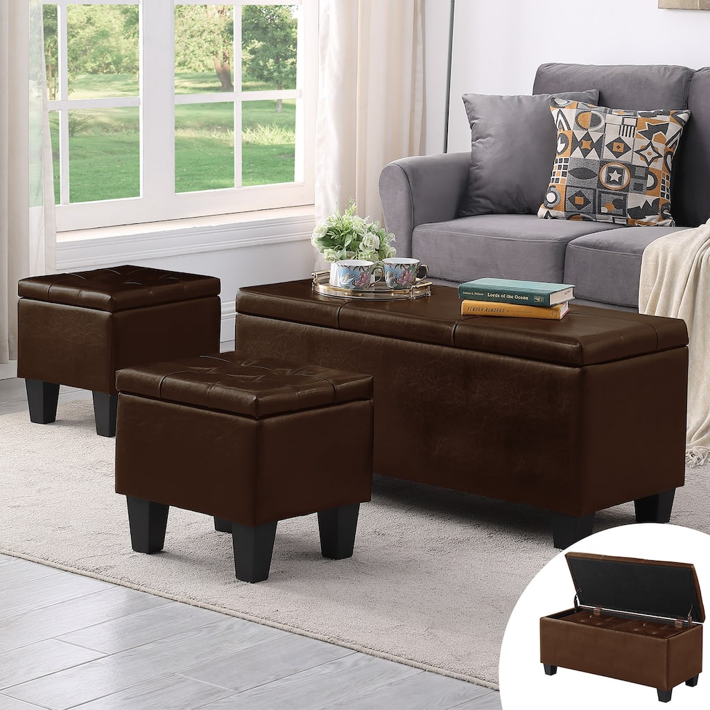 Large Storage Ottoman Bench Set, 3 in 1 Combination Ottoman, Tufted Ottoman Linen Bench for Living Room, Entryway, Hallway
