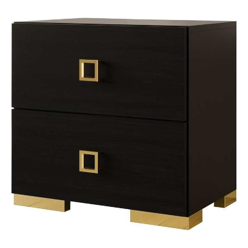 Lati Nightstand, 2 Drawers, Black Wood, Gold Metal, 24 Inch