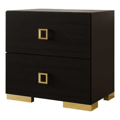 Lati Nightstand, 2 Drawers, Black Wood, Gold Metal, 24 Inch