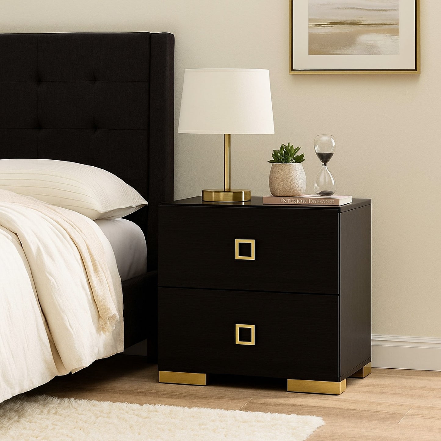 Lati Nightstand, 2 Drawers, Black Wood, Gold Metal, 24 Inch