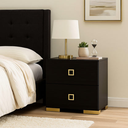 Lati Nightstand, 2 Drawers, Black Wood, Gold Metal, 24 Inch