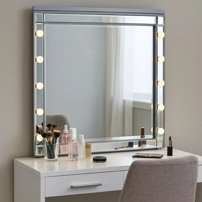 Lee 37 x 40  Vanity Mirror, 10 Light Bulb Sockets, Modern Silver Wood Frame